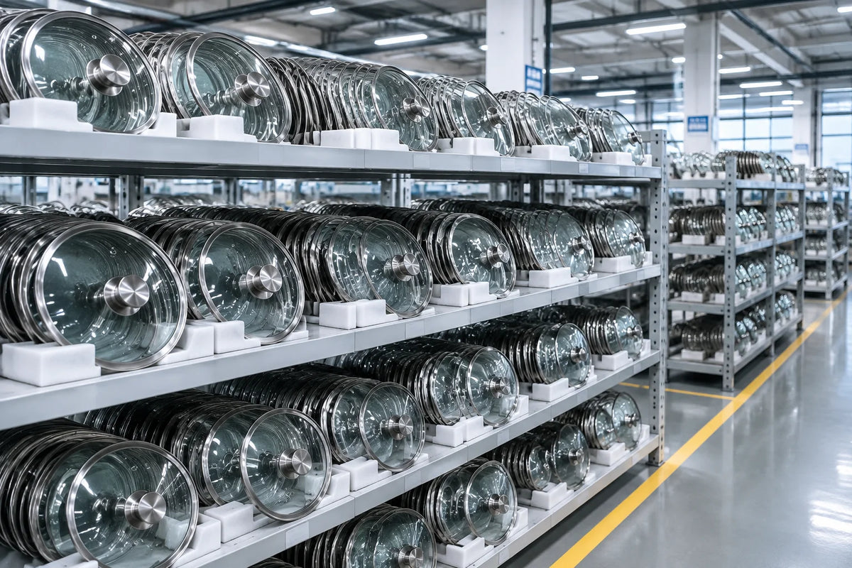 Rows of polished tempered glass cookware lids with stainless steel rims neatly organized on industrial shelving in a clean Chinese manufacturing facility