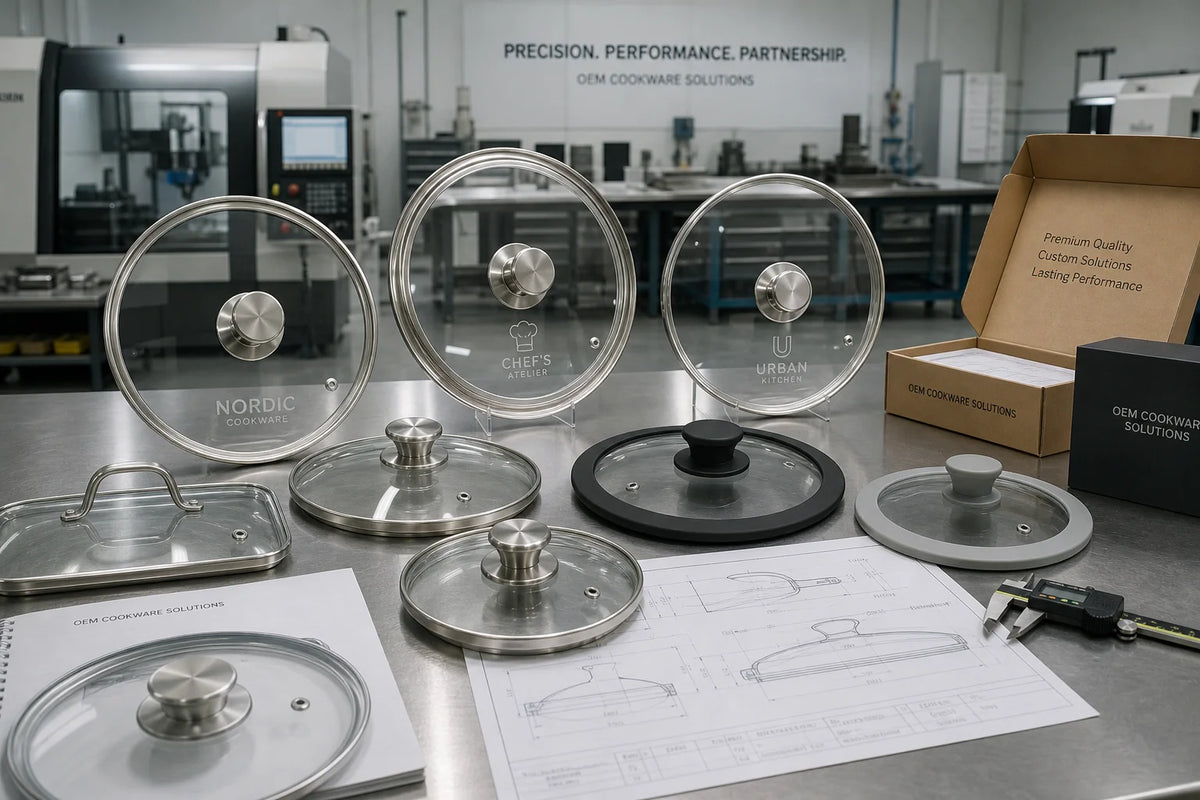 Clean modern industrial OEM workshop showing custom tempered glass cookware lids with customized laser logos and rim profiles