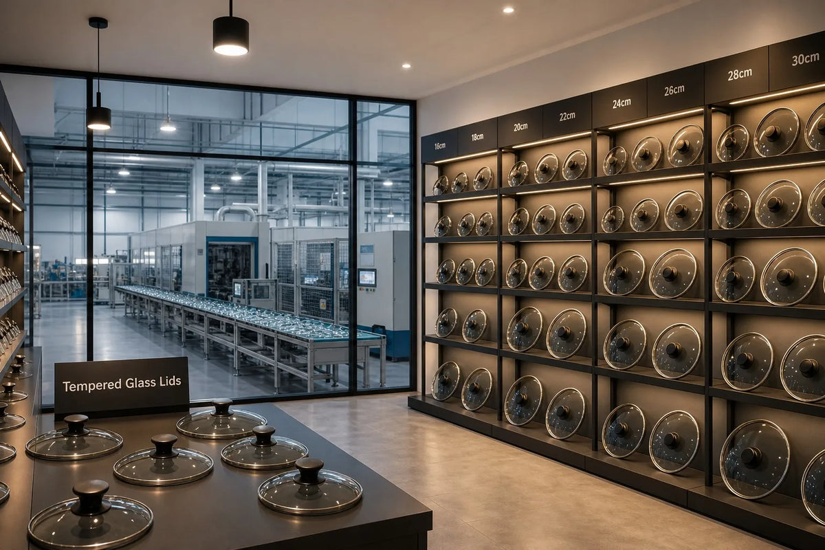 Cookware glass lid manufacturer showroom and production floor showing finished tempered glass lids sorted by size