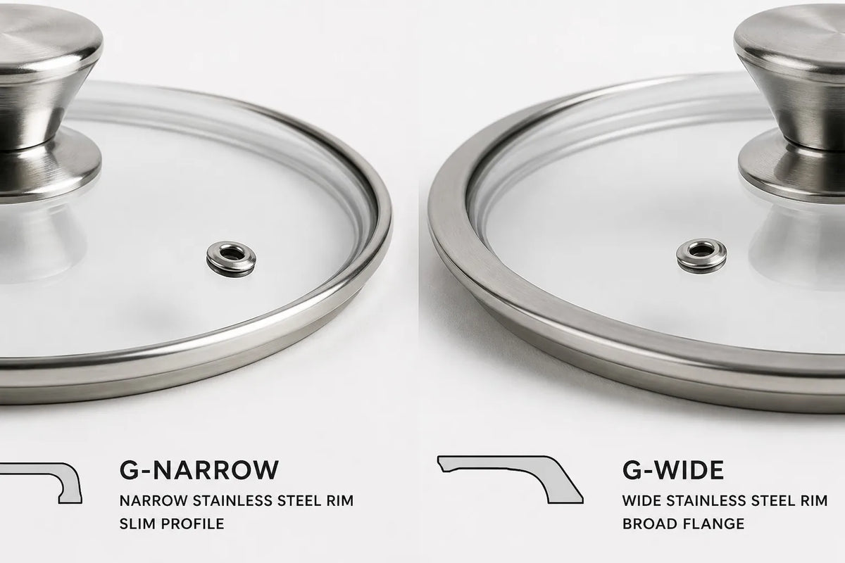 Side-by-side comparison of narrow-rim and wide-rim tempered glass cookware lids for OEM buyers