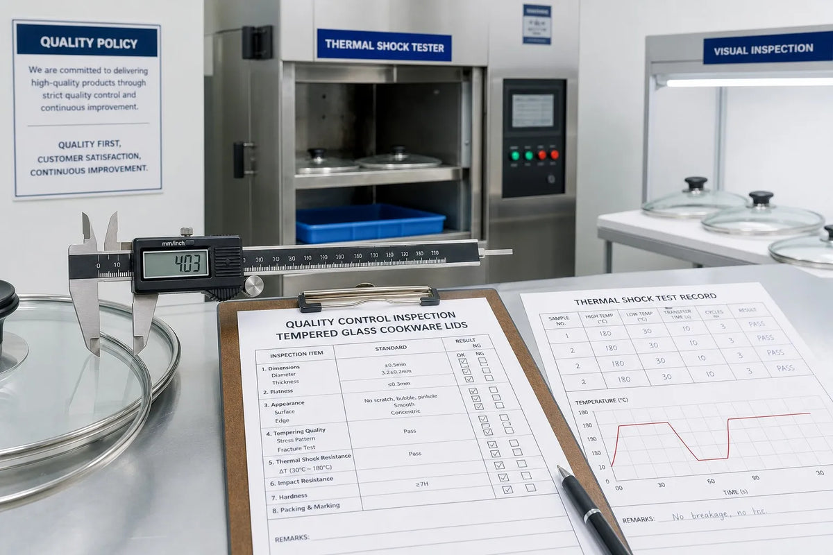 Quality control laboratory for tempered glass cookware lids showing thickness measurement and thermal shock testing equipment