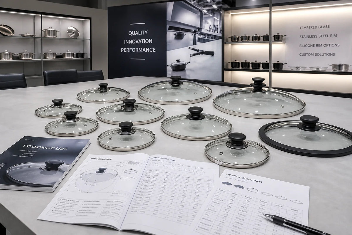 Modern cookware showroom displaying tempered glass cookware lids of various diameters and rim profiles