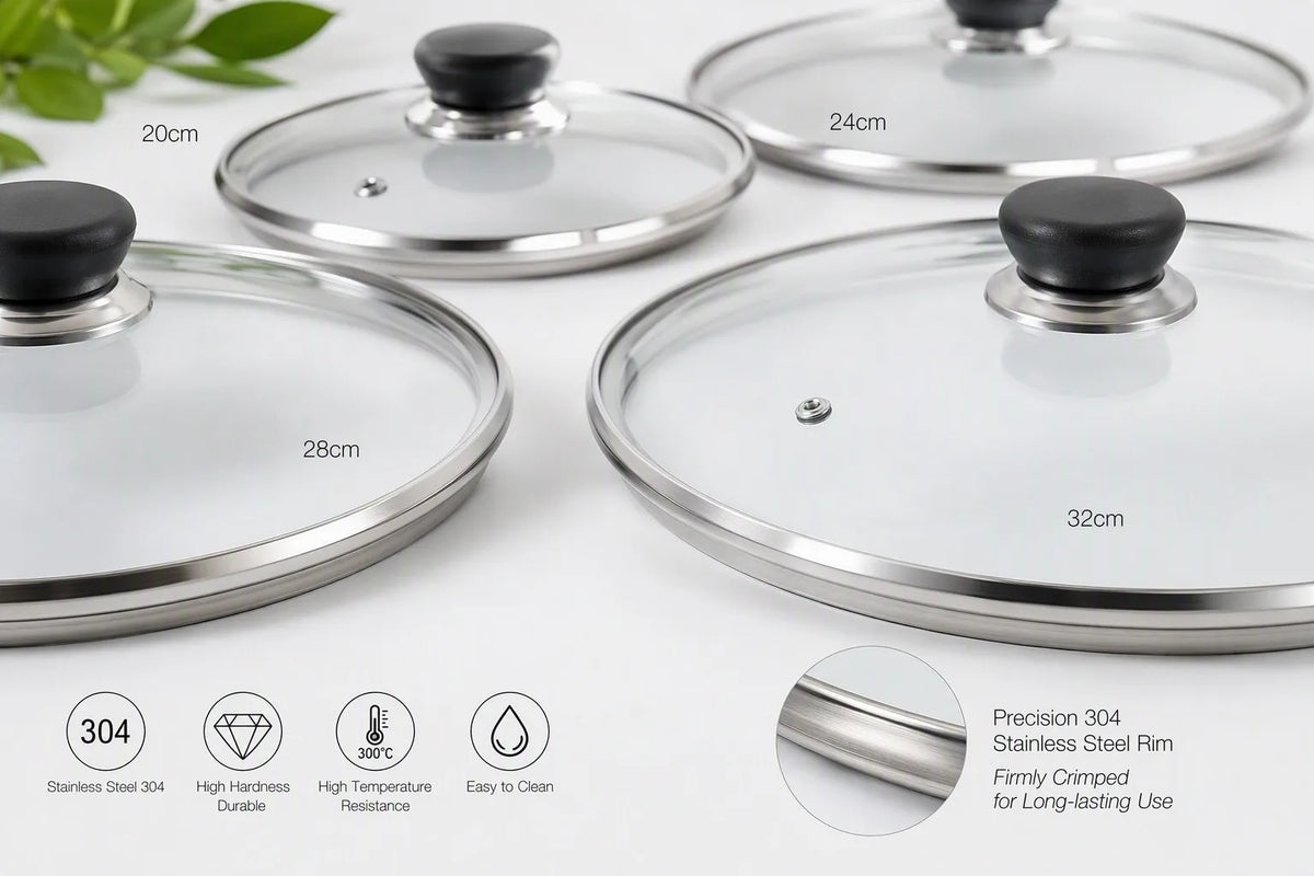 Stainless steel 304 rim tempered glass cookware lids OEM manufacturing specifications