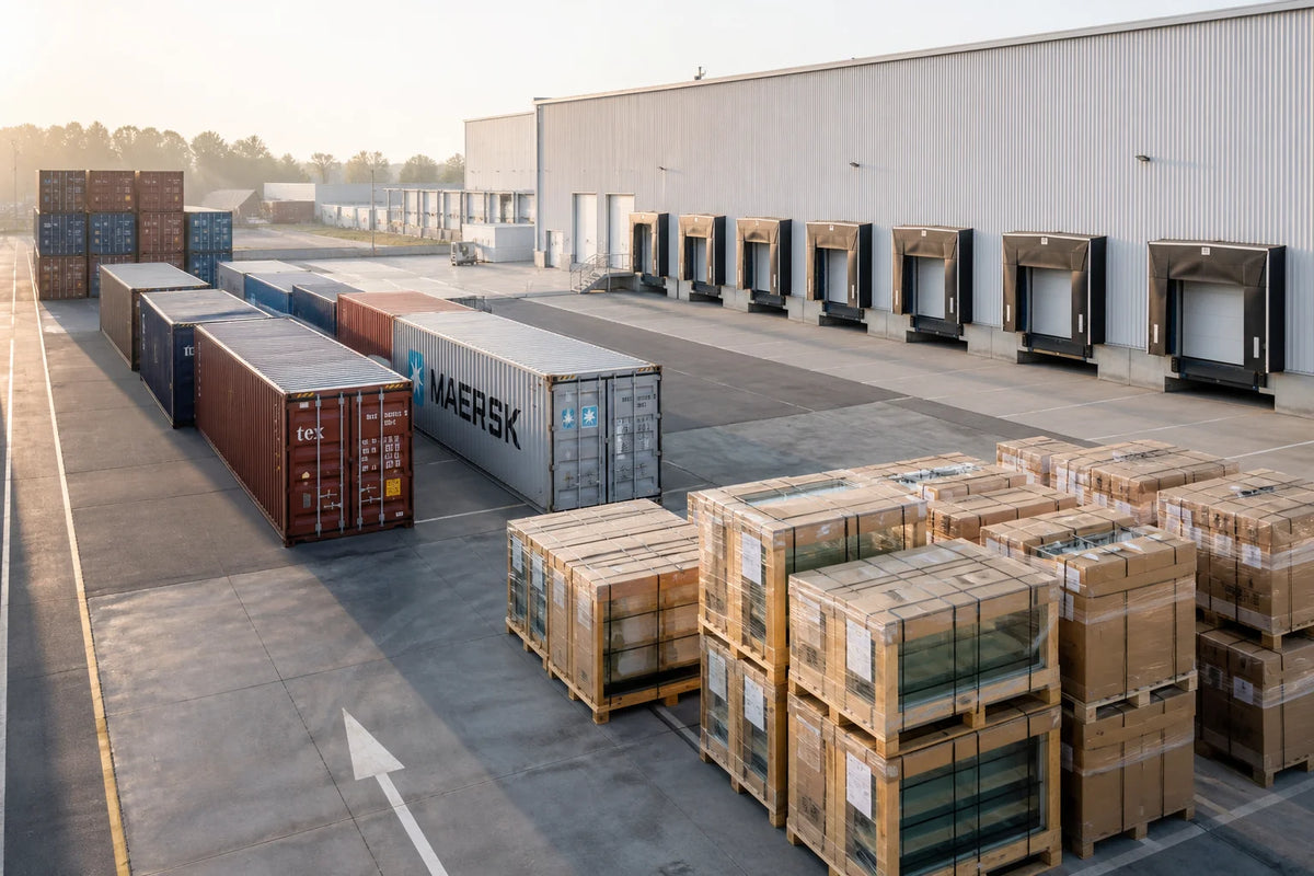 Aerial perspective of modern industrial export logistics and supply chain warehouse loading dock with glass cookware products