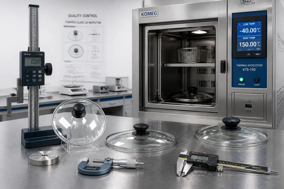 Quality control laboratory with tempered glass cookware lids undergoing inspection on a stainless steel testing bench
