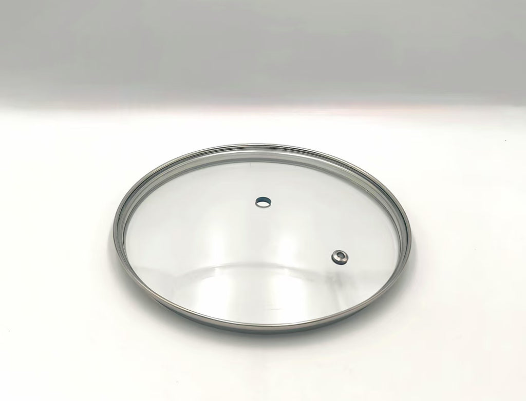 G18 - G-Series Narrow Rim Glass Lid (177–187mm) — angled detail view of stainless rim and glass dome