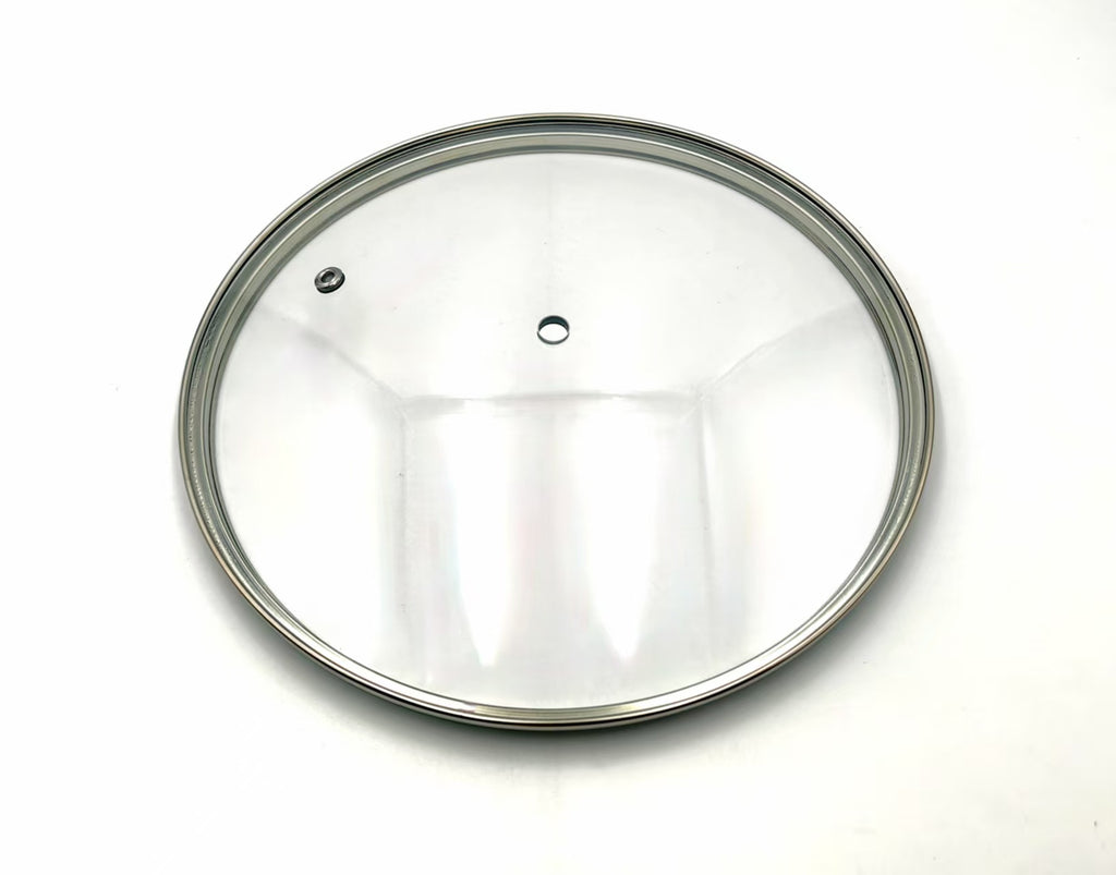 G22 Wide - G-Series Wide Rim Glass Lid (218–230mm) — angled detail view of stainless rim and glass dome