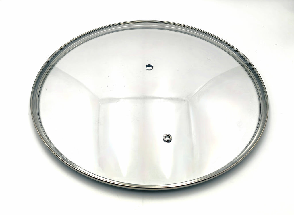 G30 - G-Series Narrow Rim Glass Lid (297–307mm) — angled detail view of stainless rim and glass dome