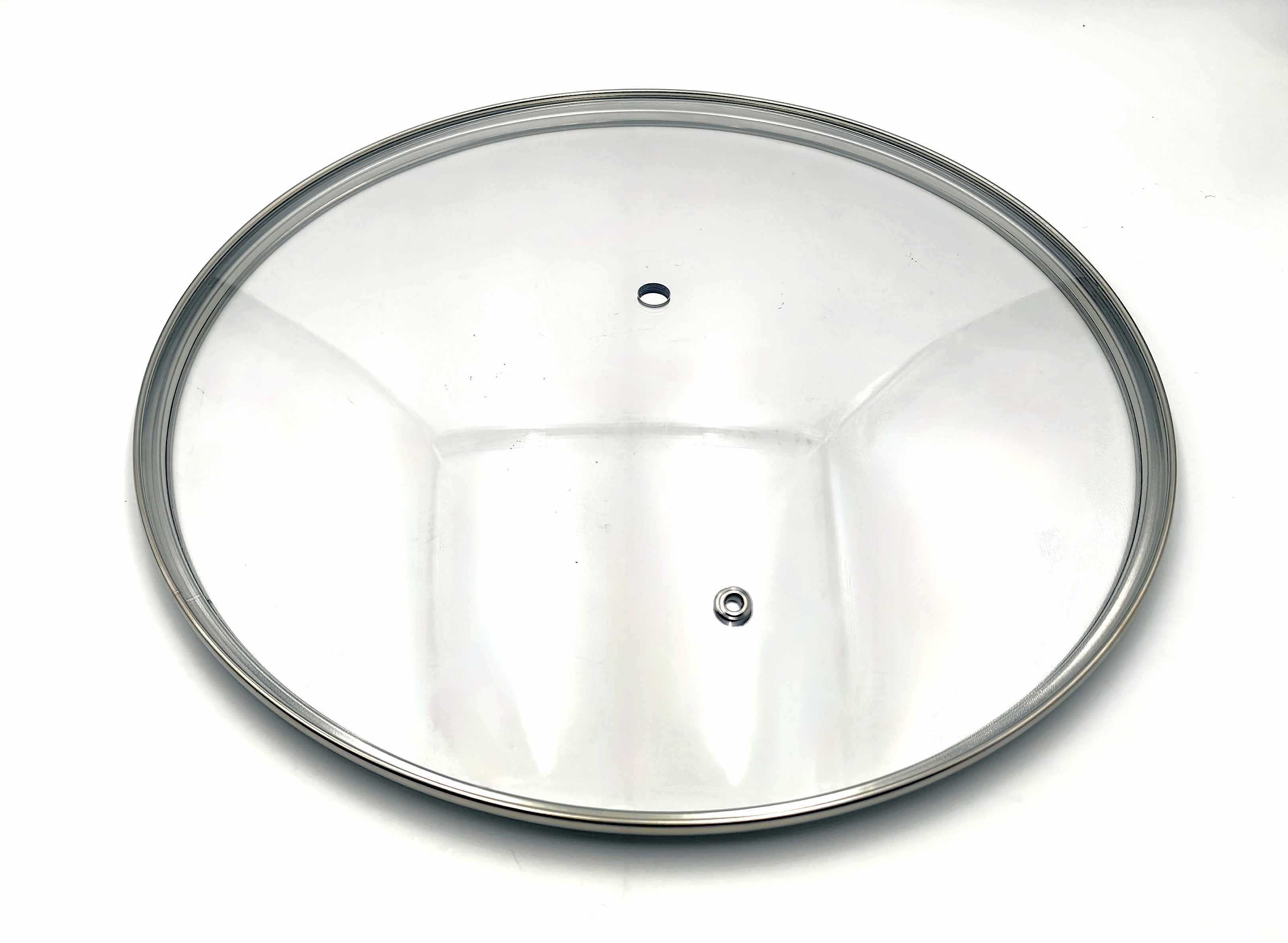 G30 - G-Series Narrow Rim Glass Lid (297–307mm) — angled detail view of stainless rim and glass dome