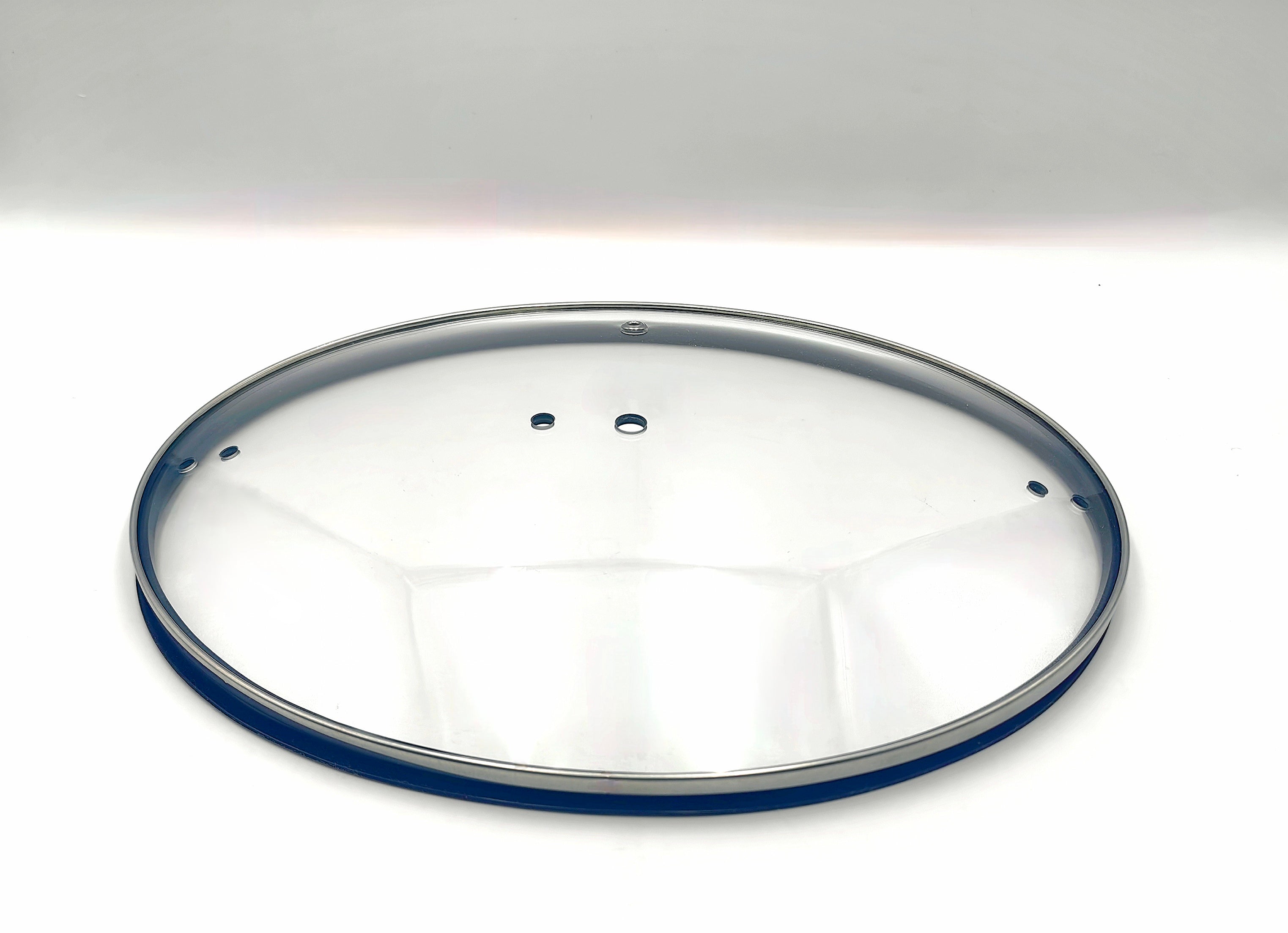 QT6.0 Silicone-Rim Tempered Glass Lid (314×248mm) — angled detail view of stainless rim and glass dome