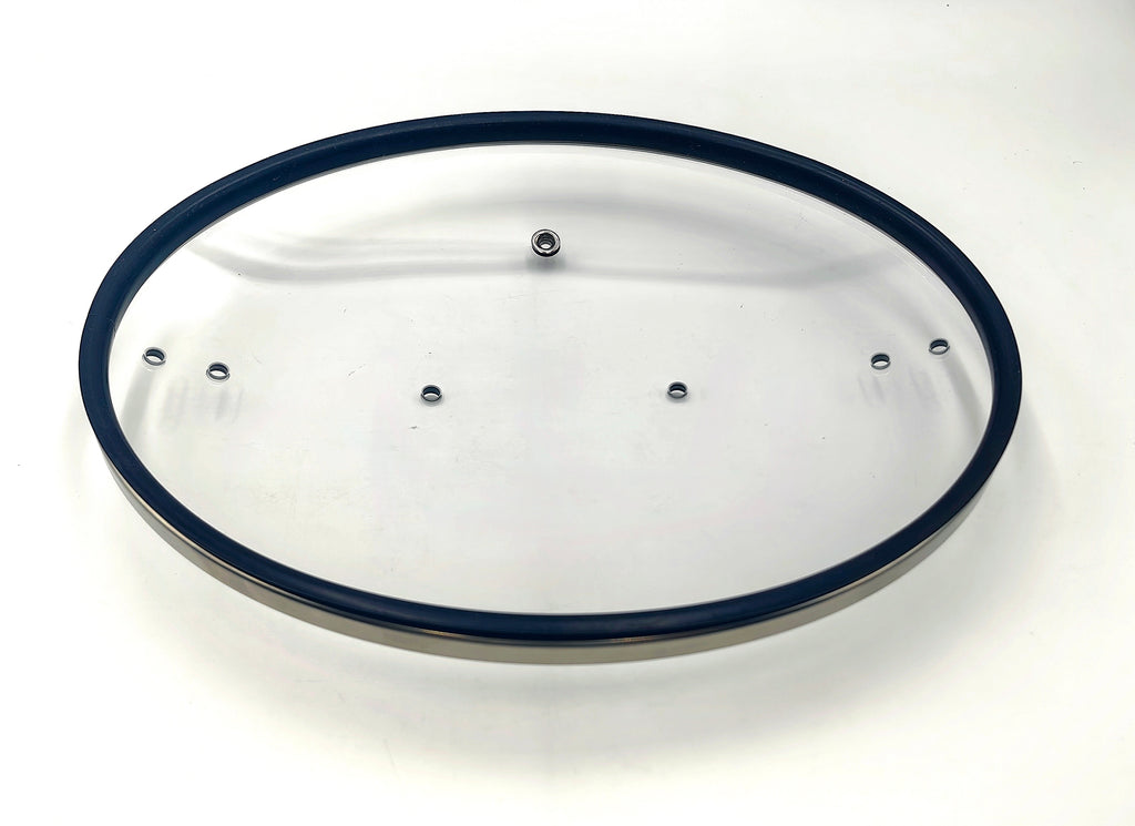 QT3.5 Silicone-Rim Tempered Glass Lid (260×210mm) — close-up of silicone/steel rim and steam vent