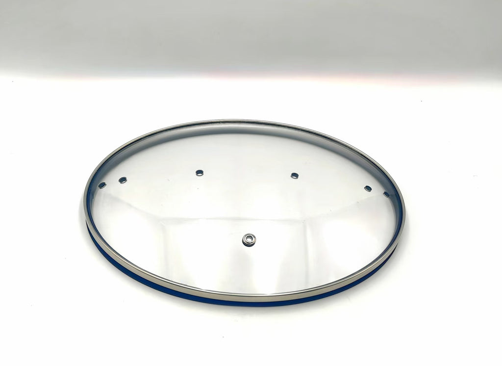 QT3.5 Silicone-Rim Tempered Glass Lid (260×210mm) — angled detail view of stainless rim and glass dome