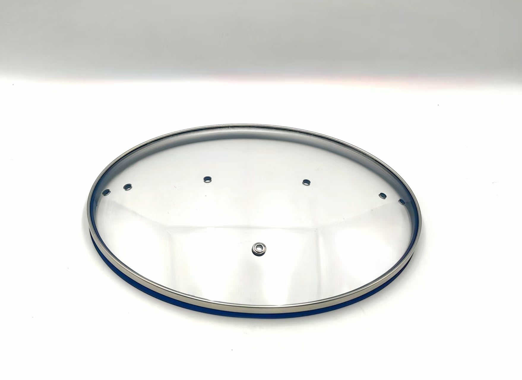 QT3.5 Silicone-Rim Tempered Glass Lid (260×210mm) — angled detail view of stainless rim and glass dome