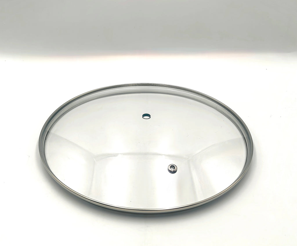 G24 - G-Series Narrow Rim Glass Lid (237–247mm) — angled detail view of stainless rim and glass dome